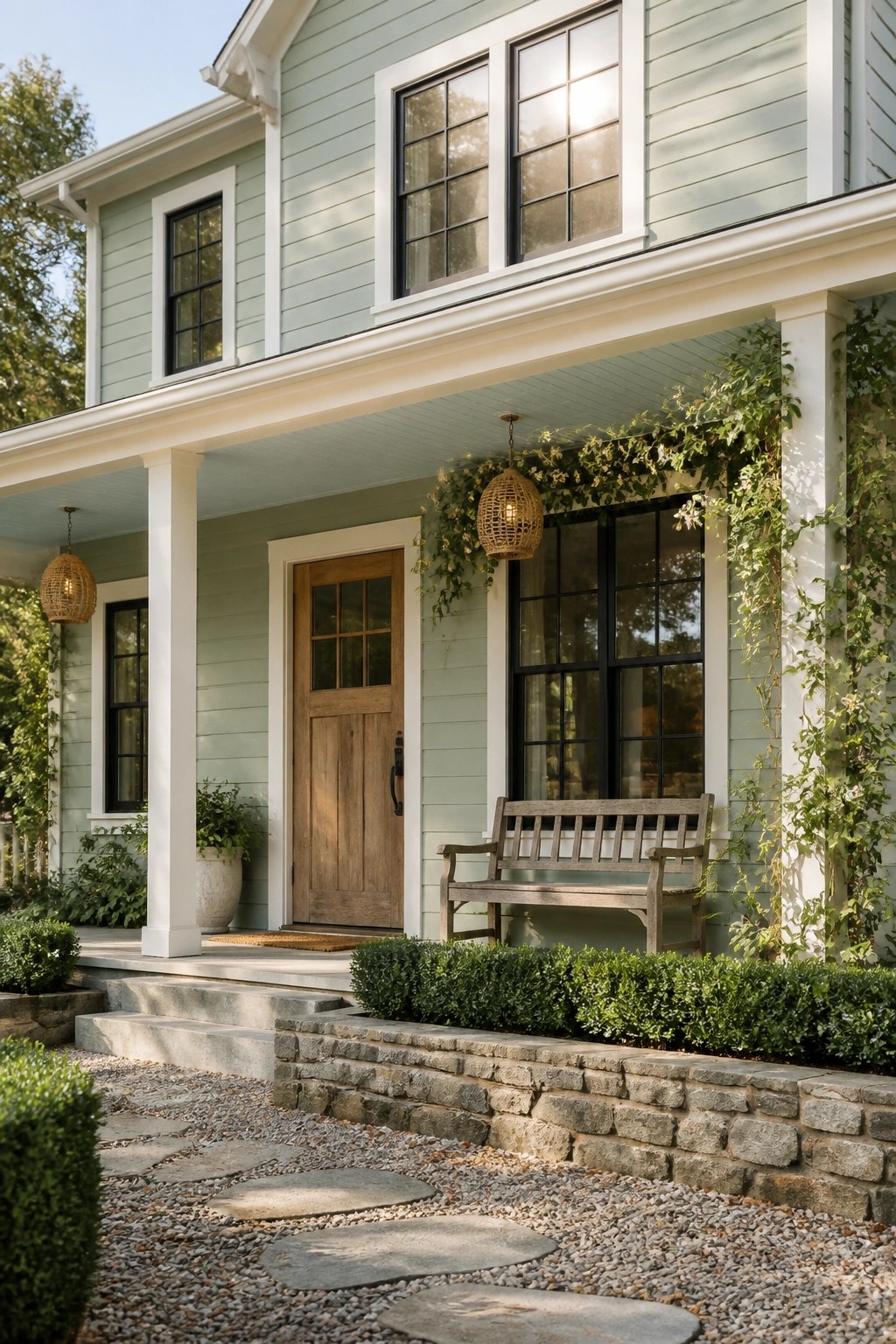 Farmhouse exterior with soft sage green siding and white trim.