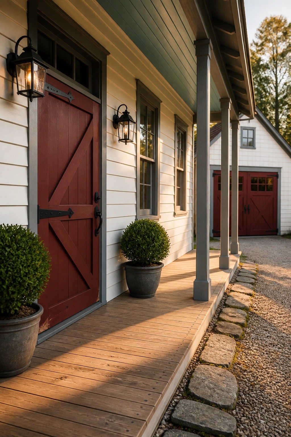 Farmhouse exterior with warm white siding and a red door.