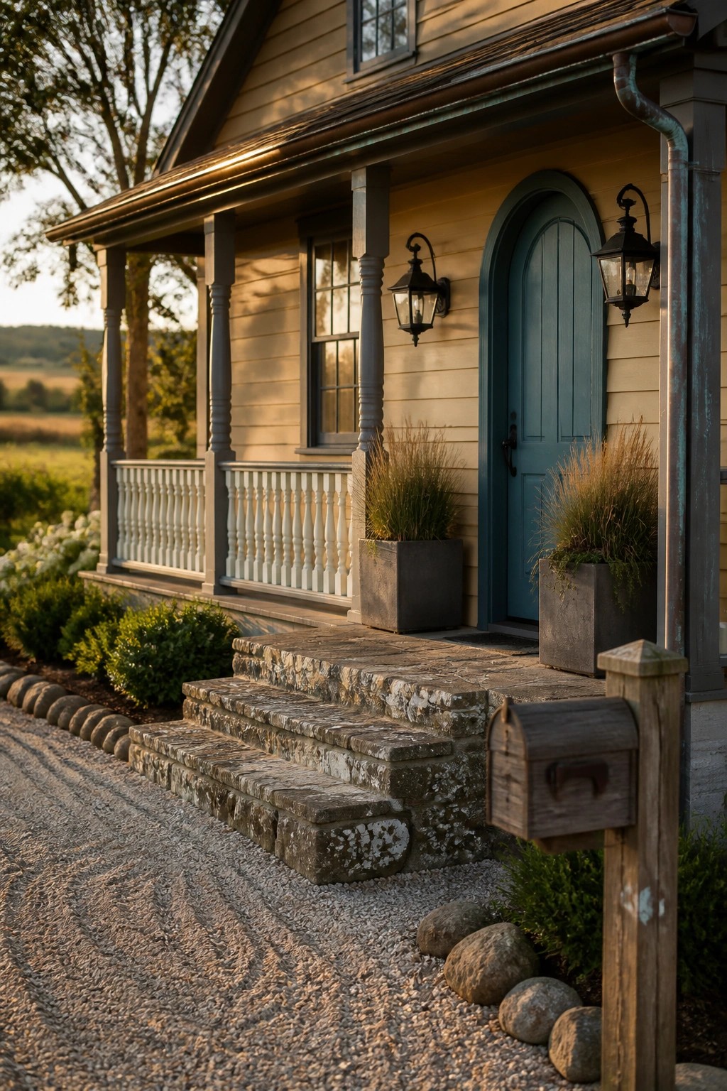 A farmhouse exterior with soft yellow siding and stone steps.