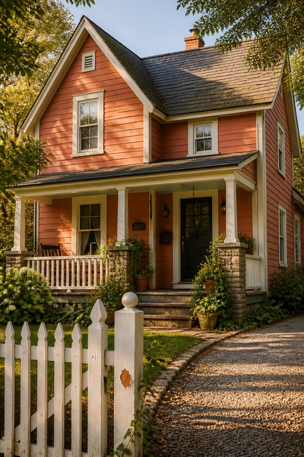 A farmhouse exterior painted in warm coral siding with white trim.