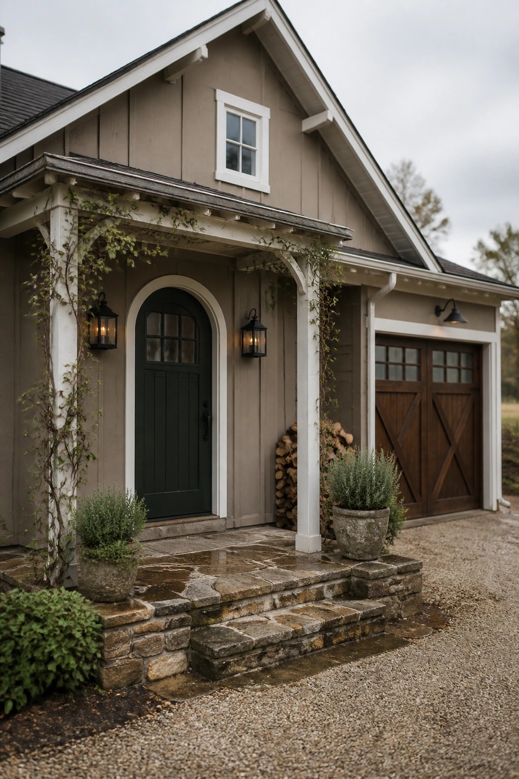 A farmhouse exterior with warm greige siding and white trim.