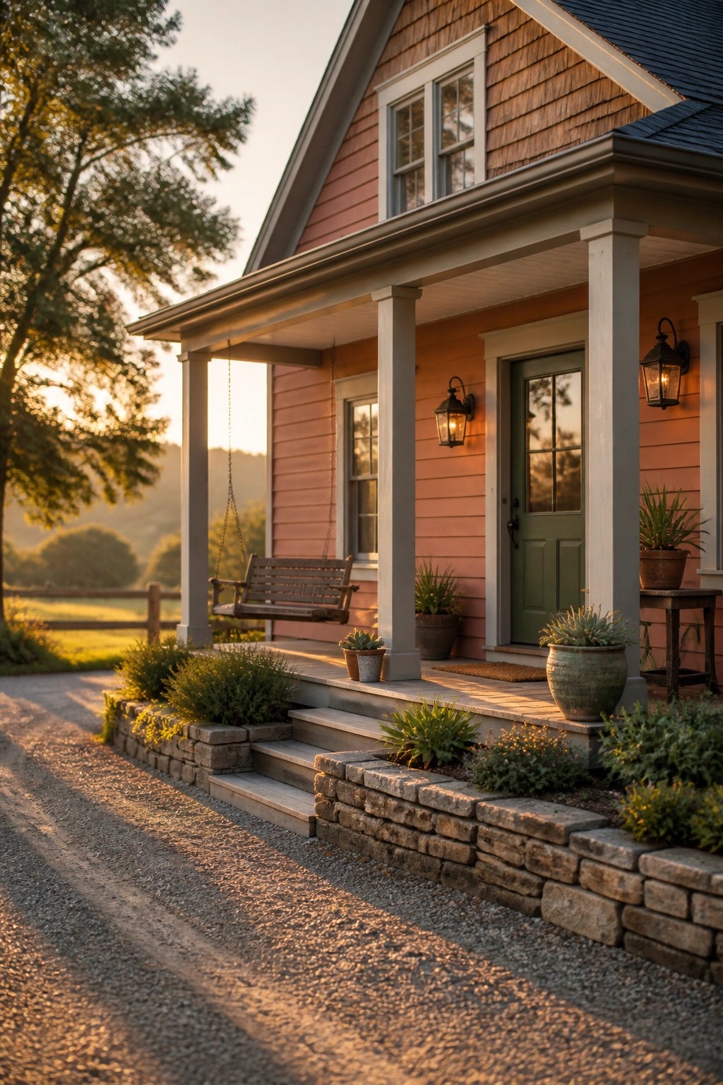 A farmhouse exterior with soft peach siding and white trim.