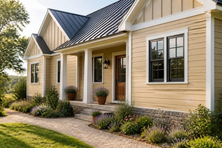 Pale warm beige siding on a two-story farmhouse with white trim and a dark metal roof.