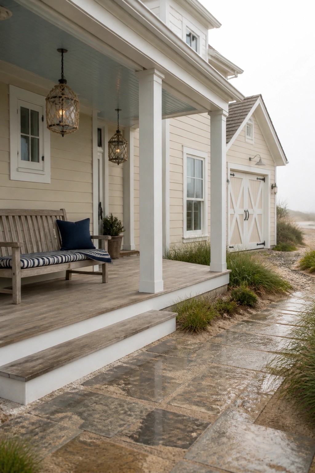 Farmhouse exterior with soft beige siding and white trim.