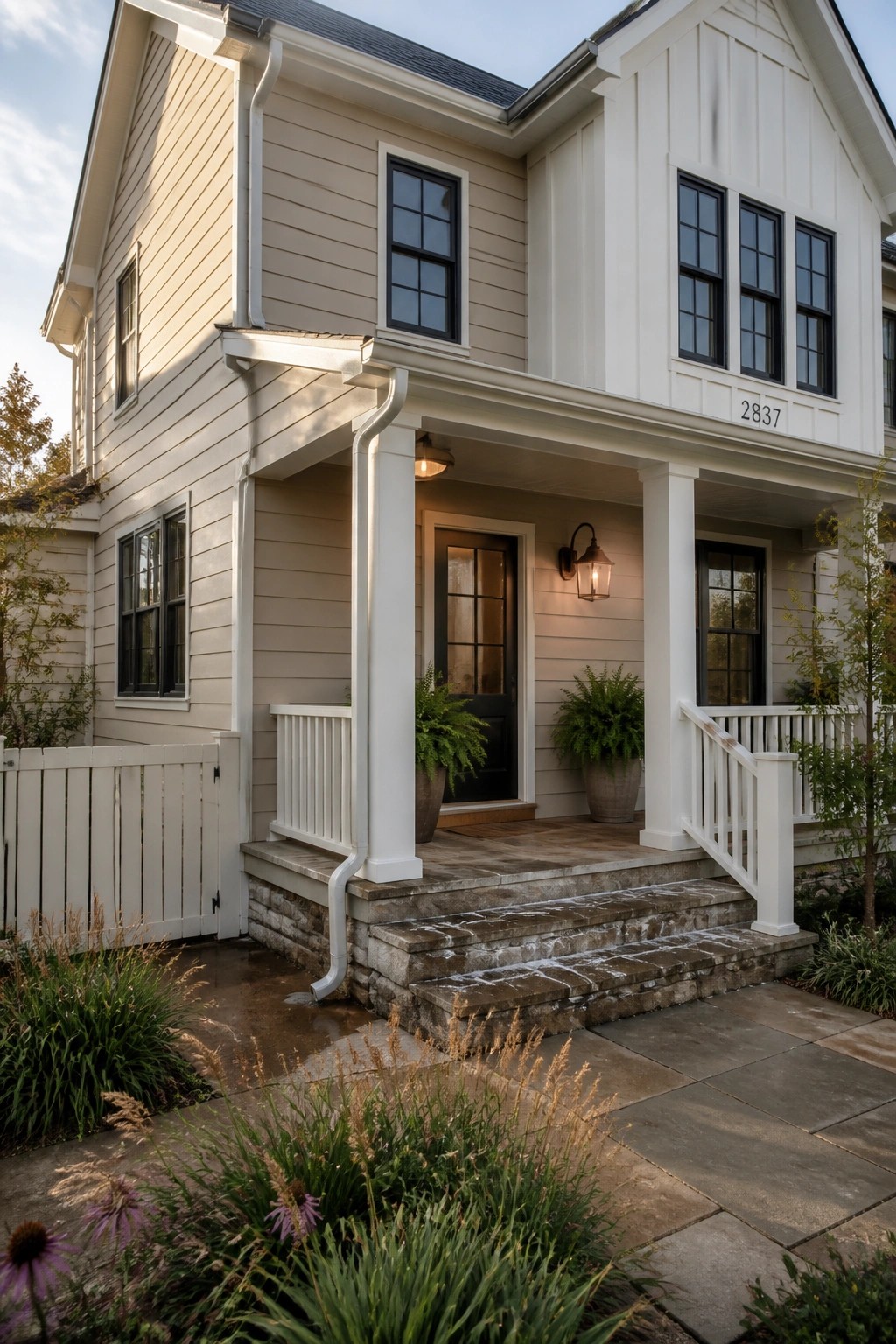 A two-story farmhouse with light beige siding and white trim.