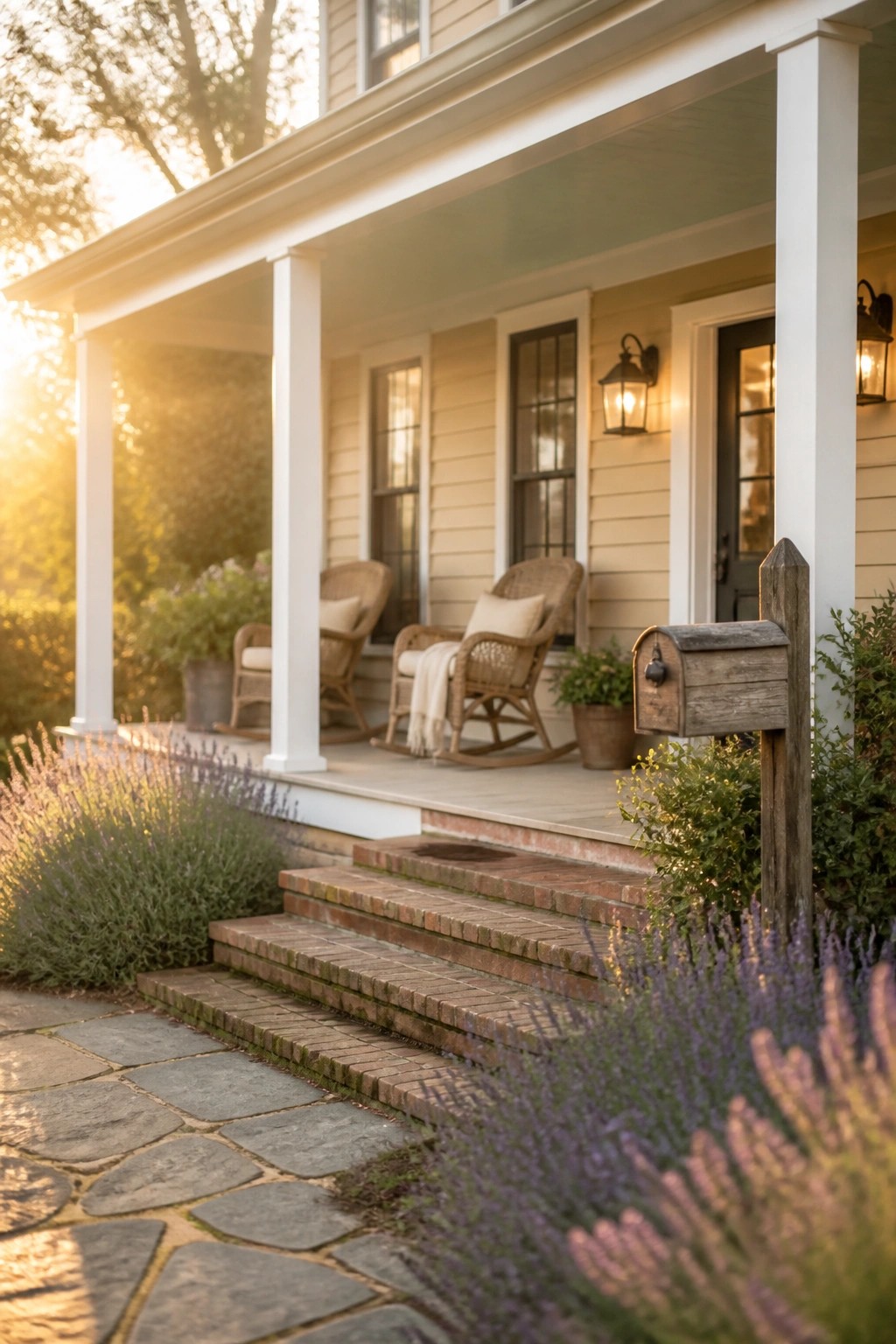 Cozy porch with wicker rocking chairs, brick steps, and purple lavender at sunset.