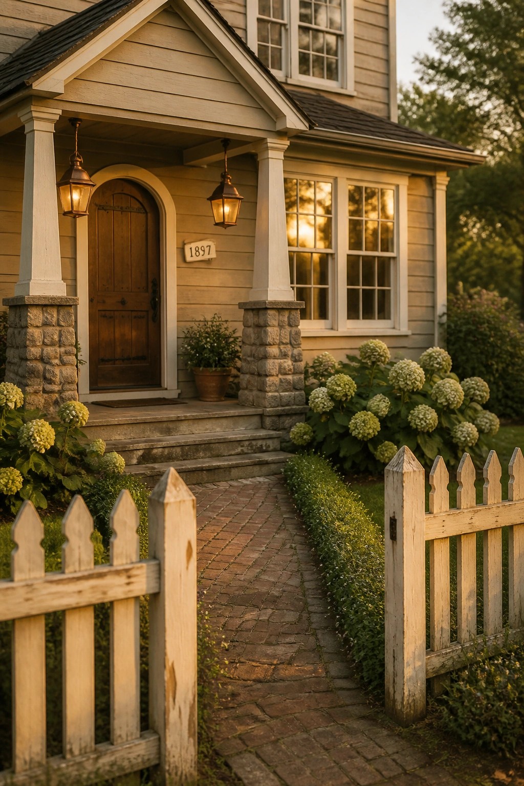 A farmhouse exterior with soft beige siding and white trim.