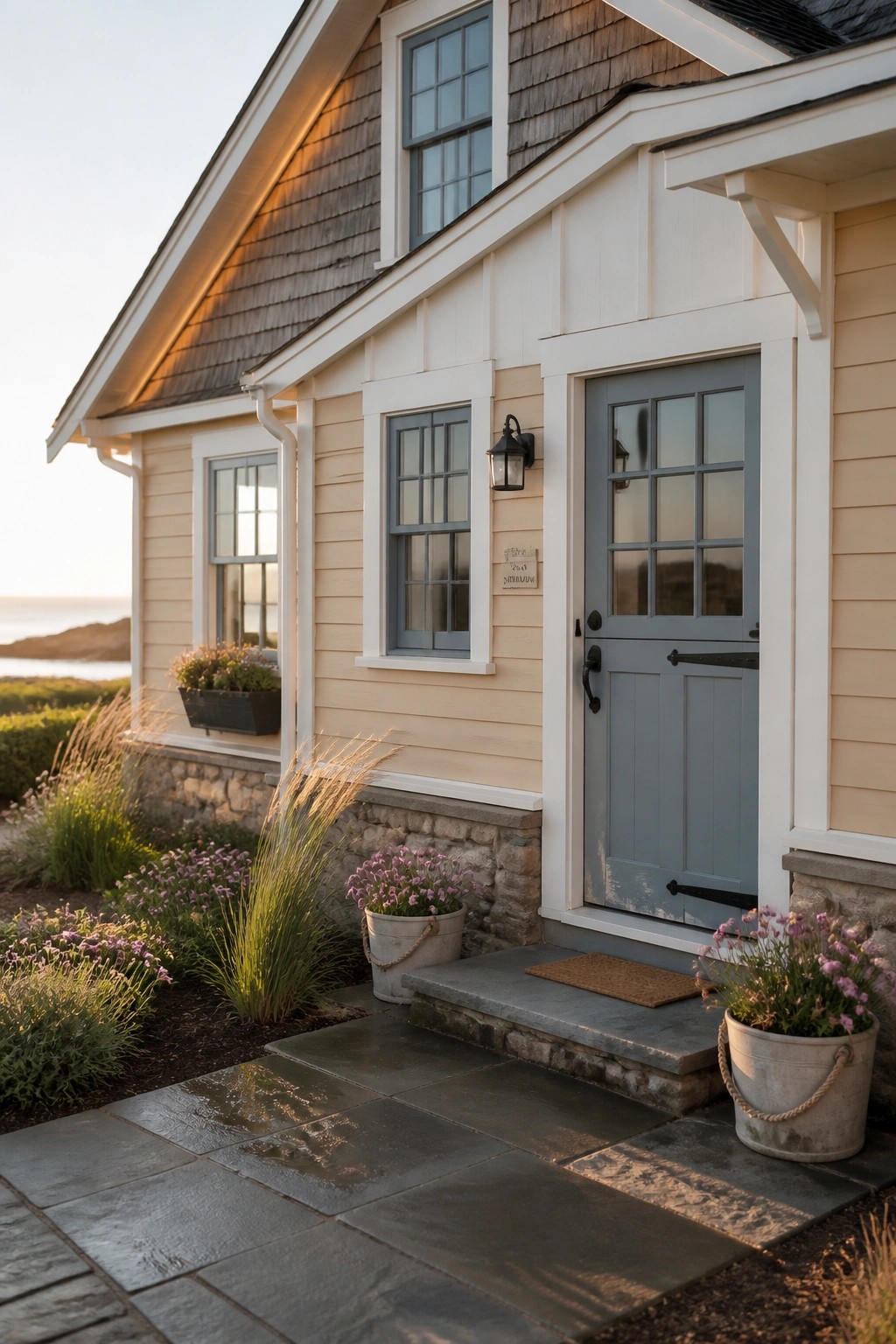 Light beige siding on a farmhouse exterior with white trim and a stone base.