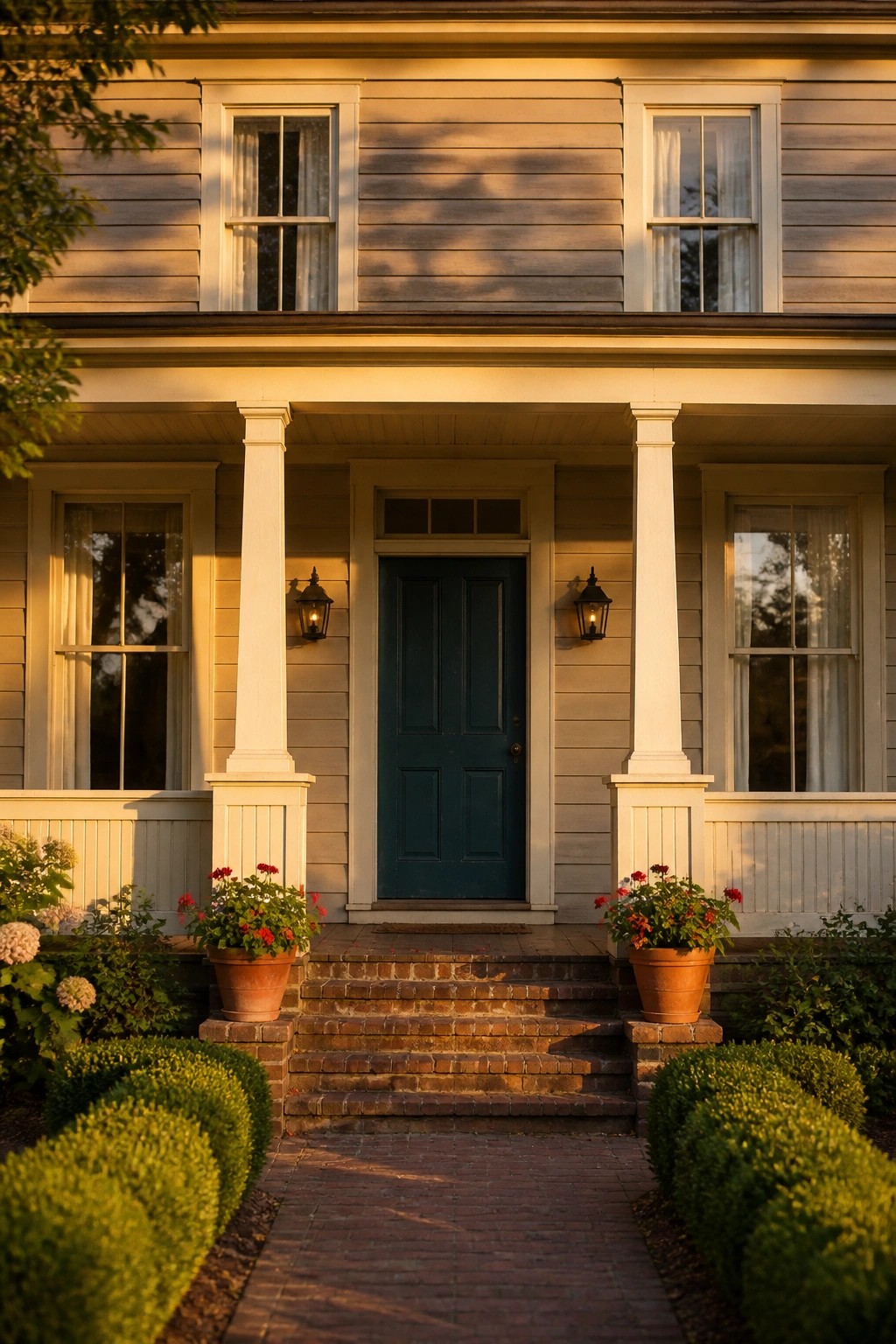 Light beige siding on a farmhouse exterior with white trim and columns.