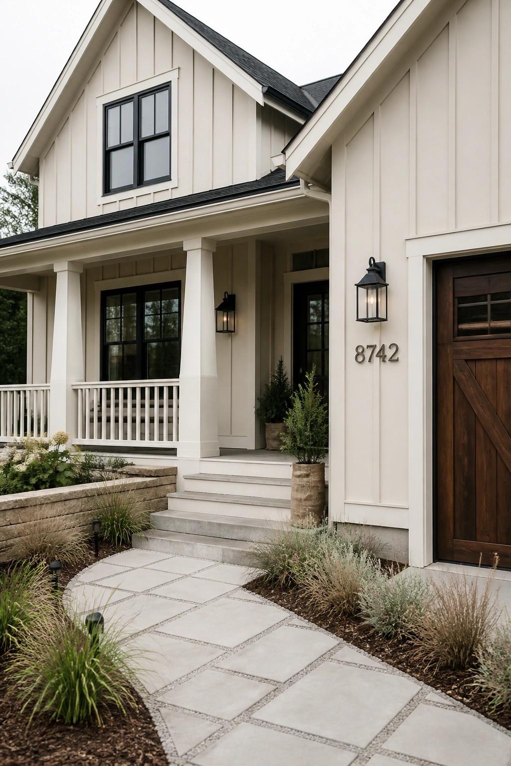 Cream-colored modern home with porch, stone path, potted plants, and wooden door.