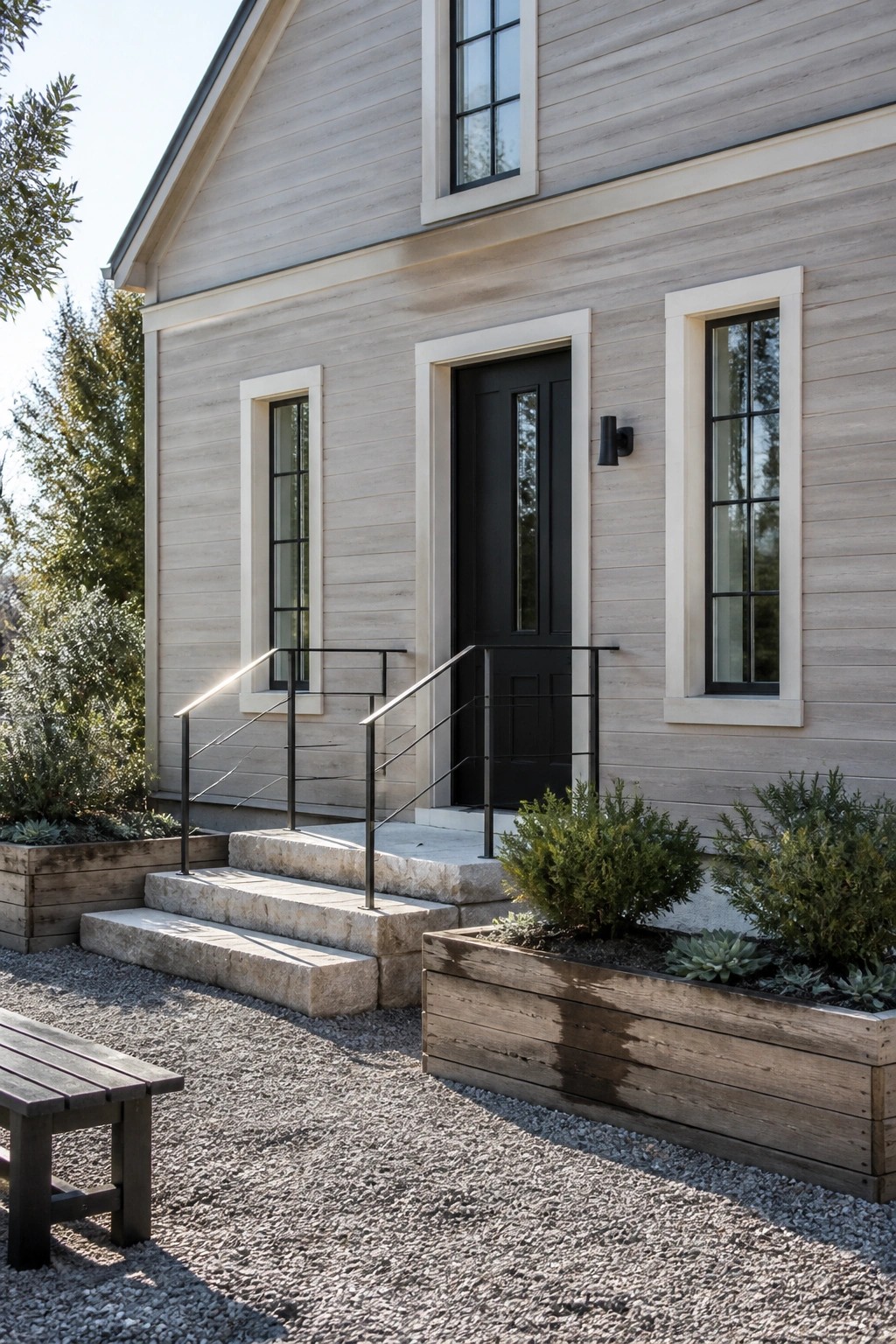 Light wood house with black door, stone steps, metal railings, and wooden planters.