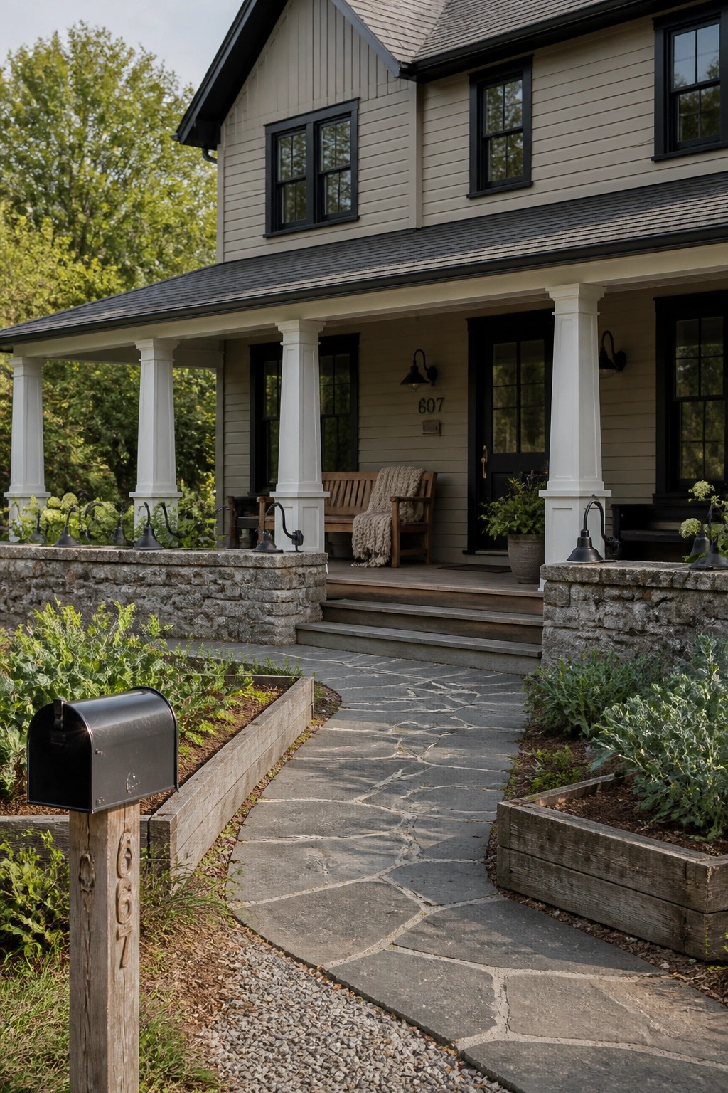 Farmhouse with soft greige beige siding and white porch columns.