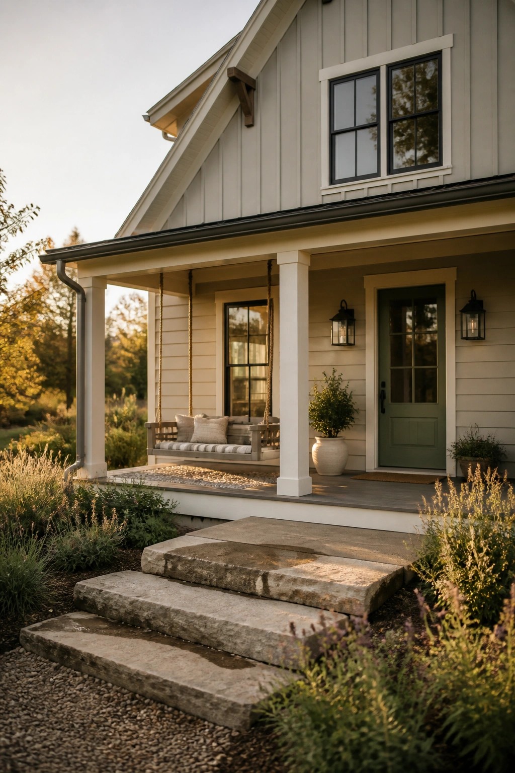 Light greige siding on a farmhouse exterior with white trim and a front porch.
