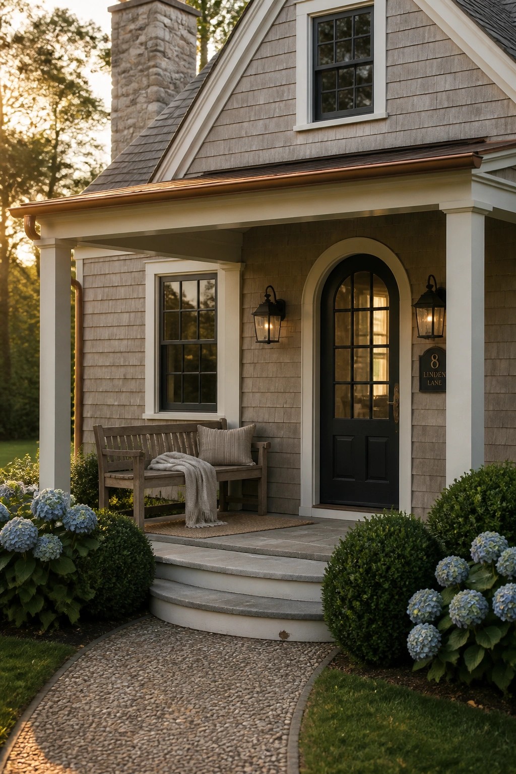 Farmhouse exterior with soft greige wood siding and a front porch.