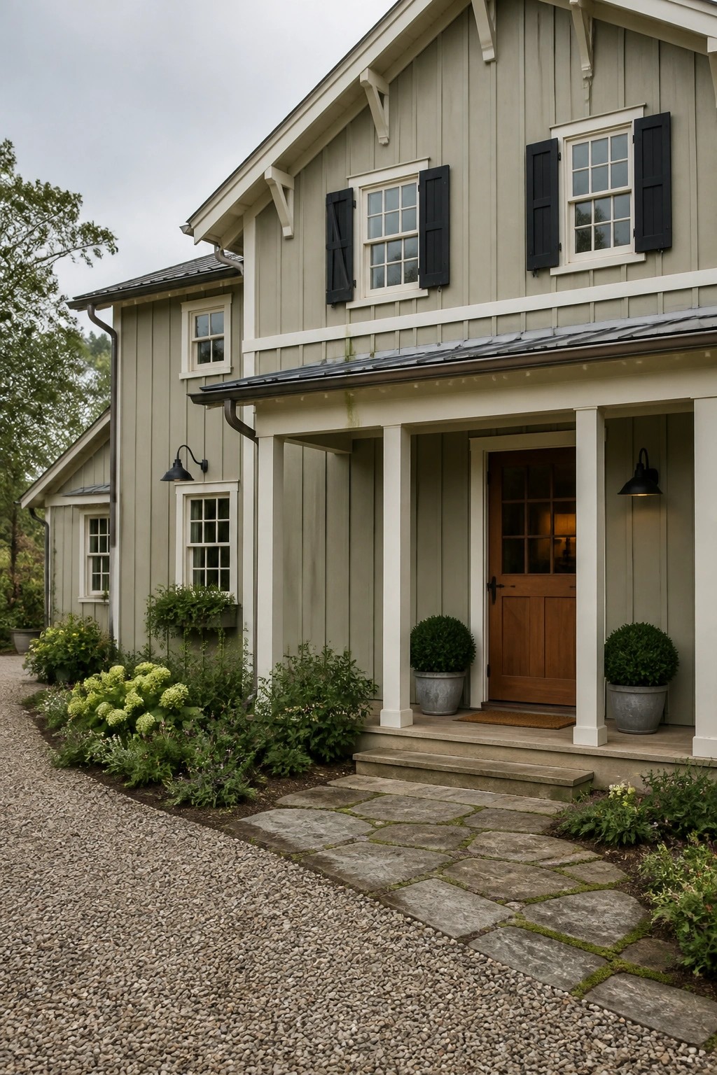 A farmhouse exterior painted in soft sage green siding with white trim.