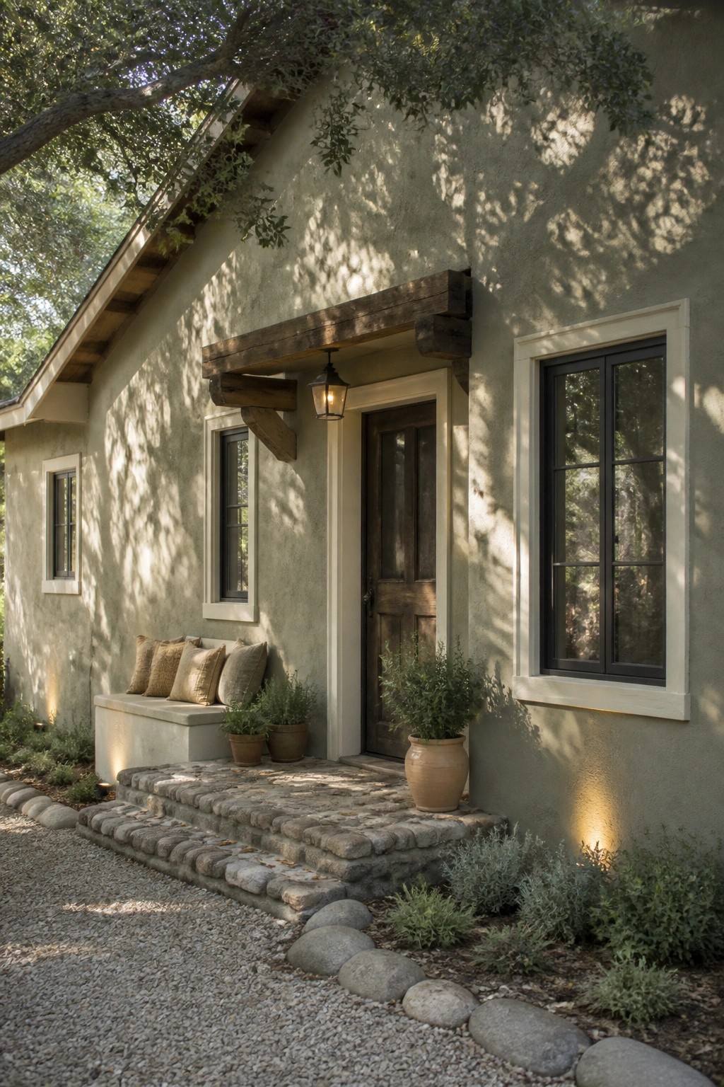 A farmhouse exterior with soft warm beige stucco siding and a stone step entry.