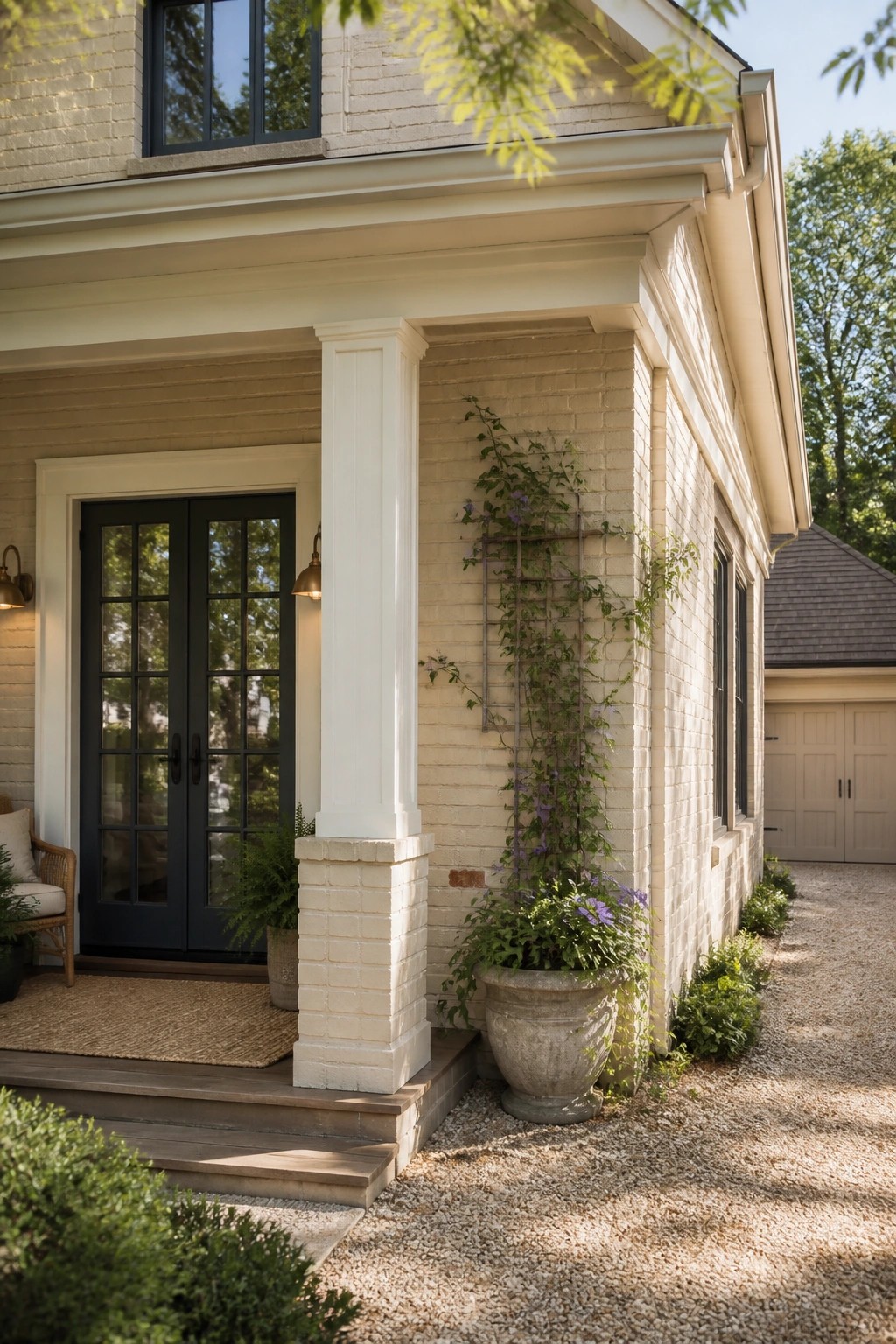 Light beige brick exterior with white columns and trim on a farmhouse.