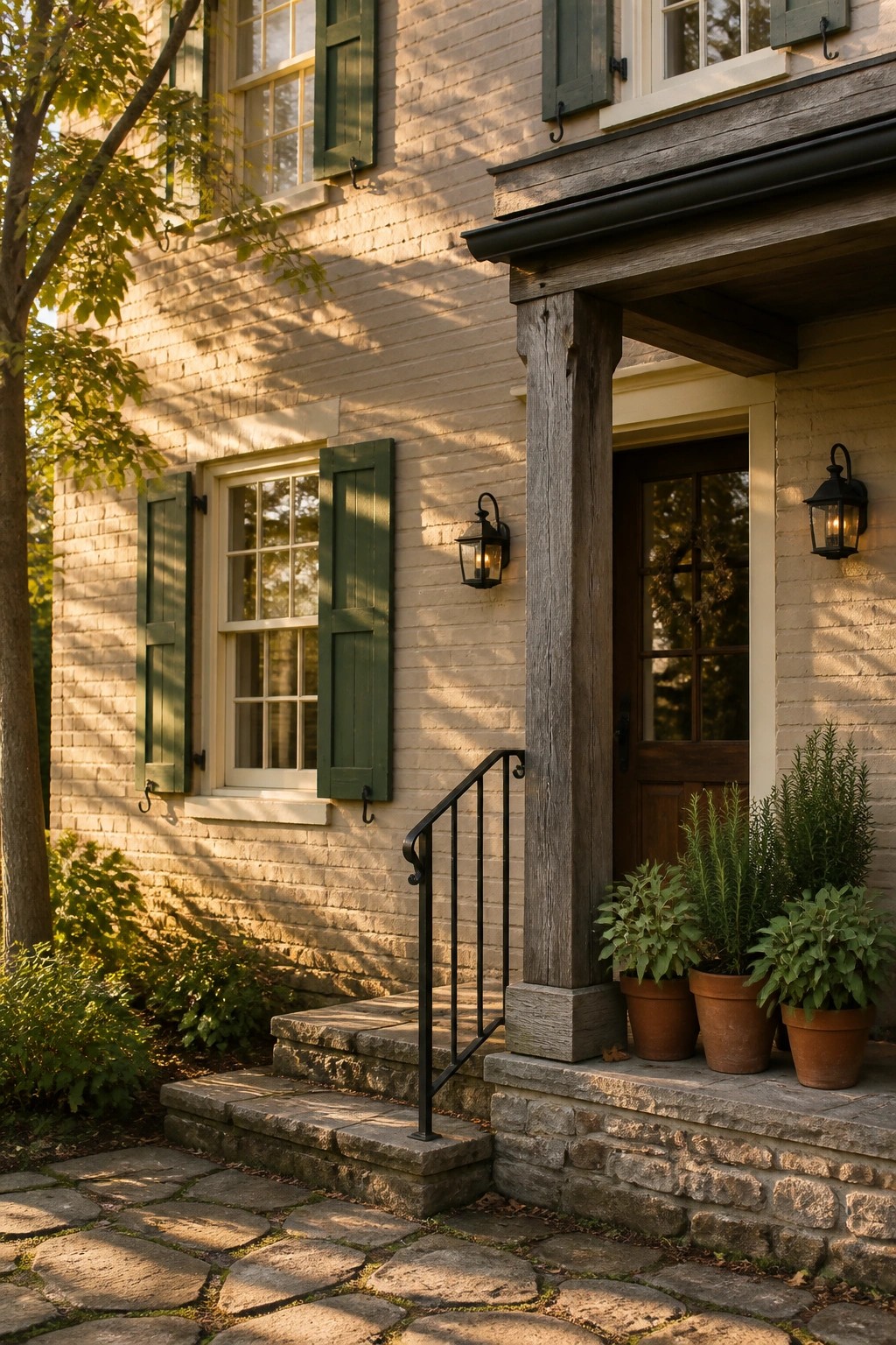 Brick house porch with green shutters, stone steps, potted plants, and lanterns.