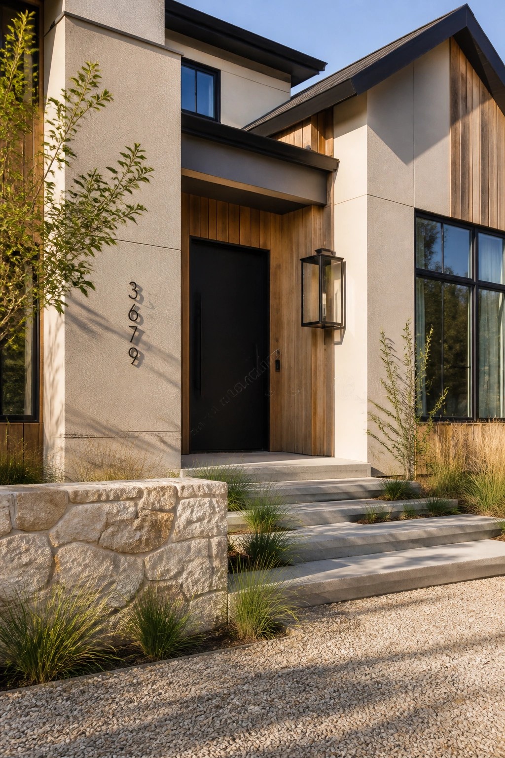 Modern farmhouse exterior painted in a soft warm beige.