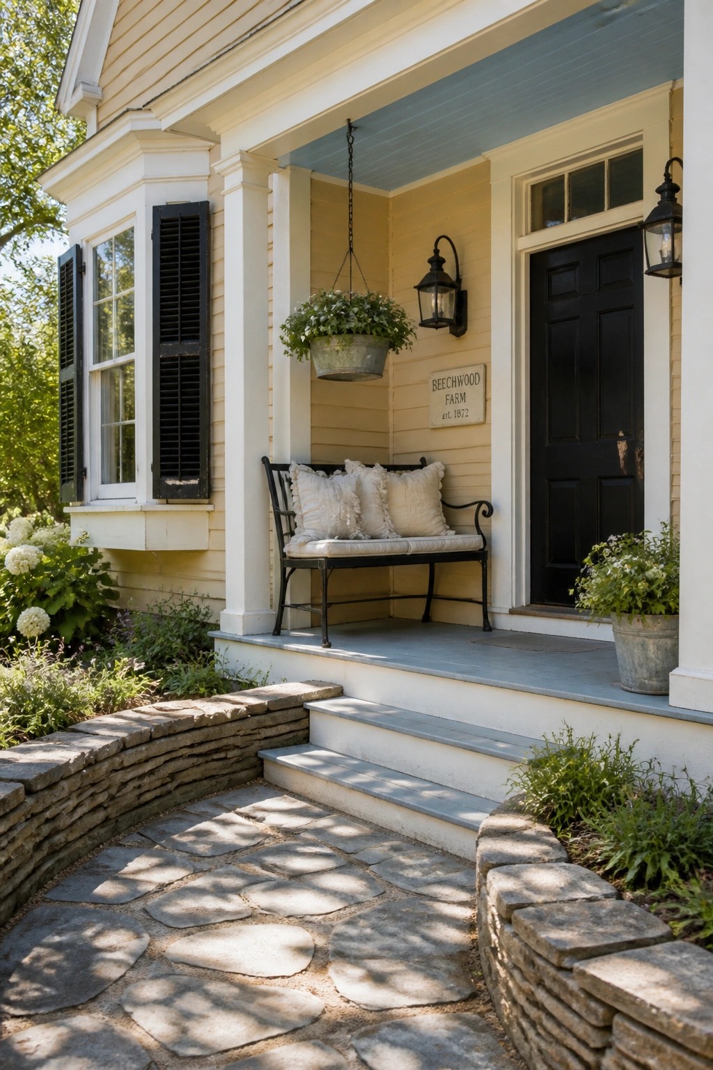Yellow farmhouse porch with black bench, hanging flowers, stone steps and path