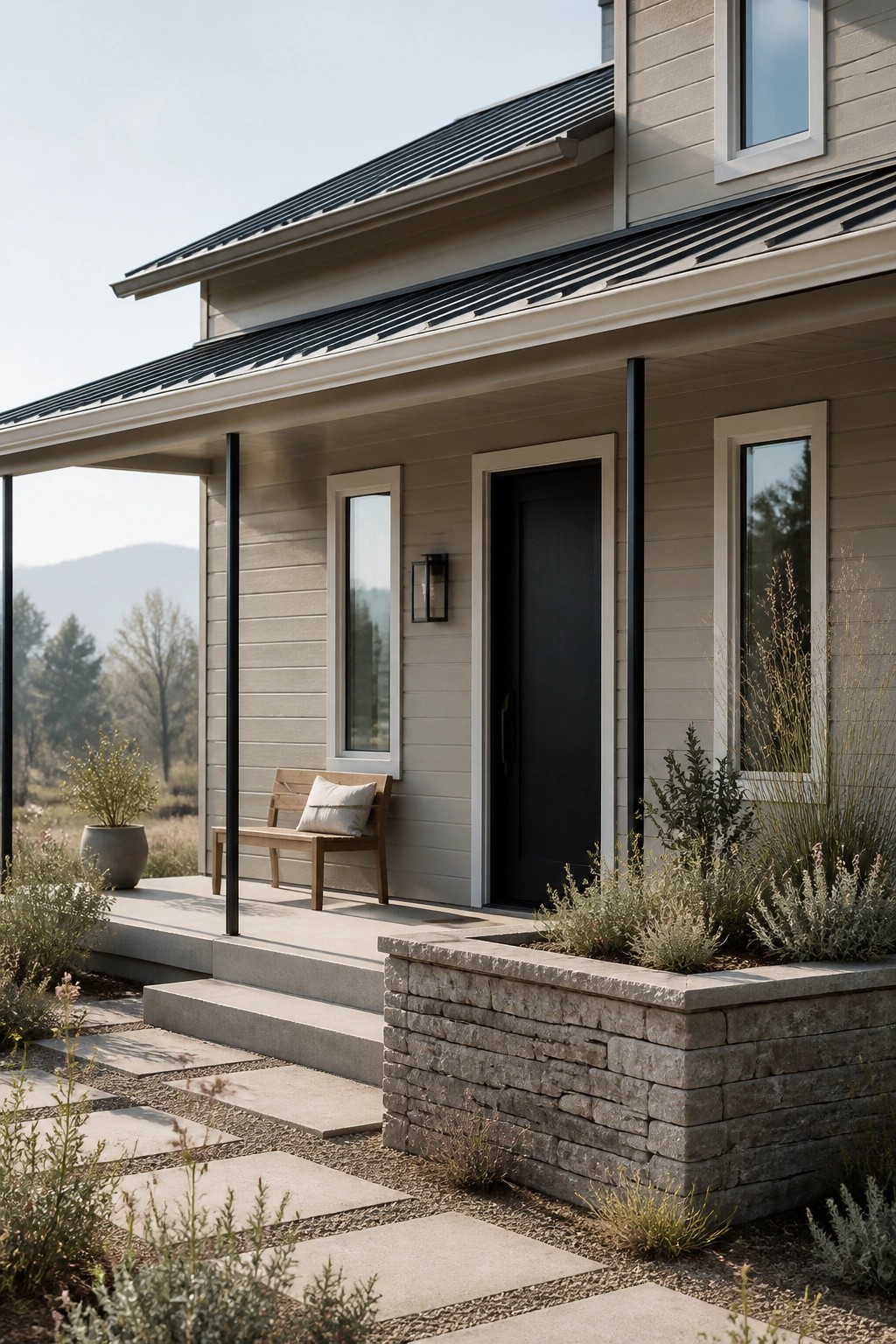 Light beige siding on a modern farmhouse exterior with stone accents.