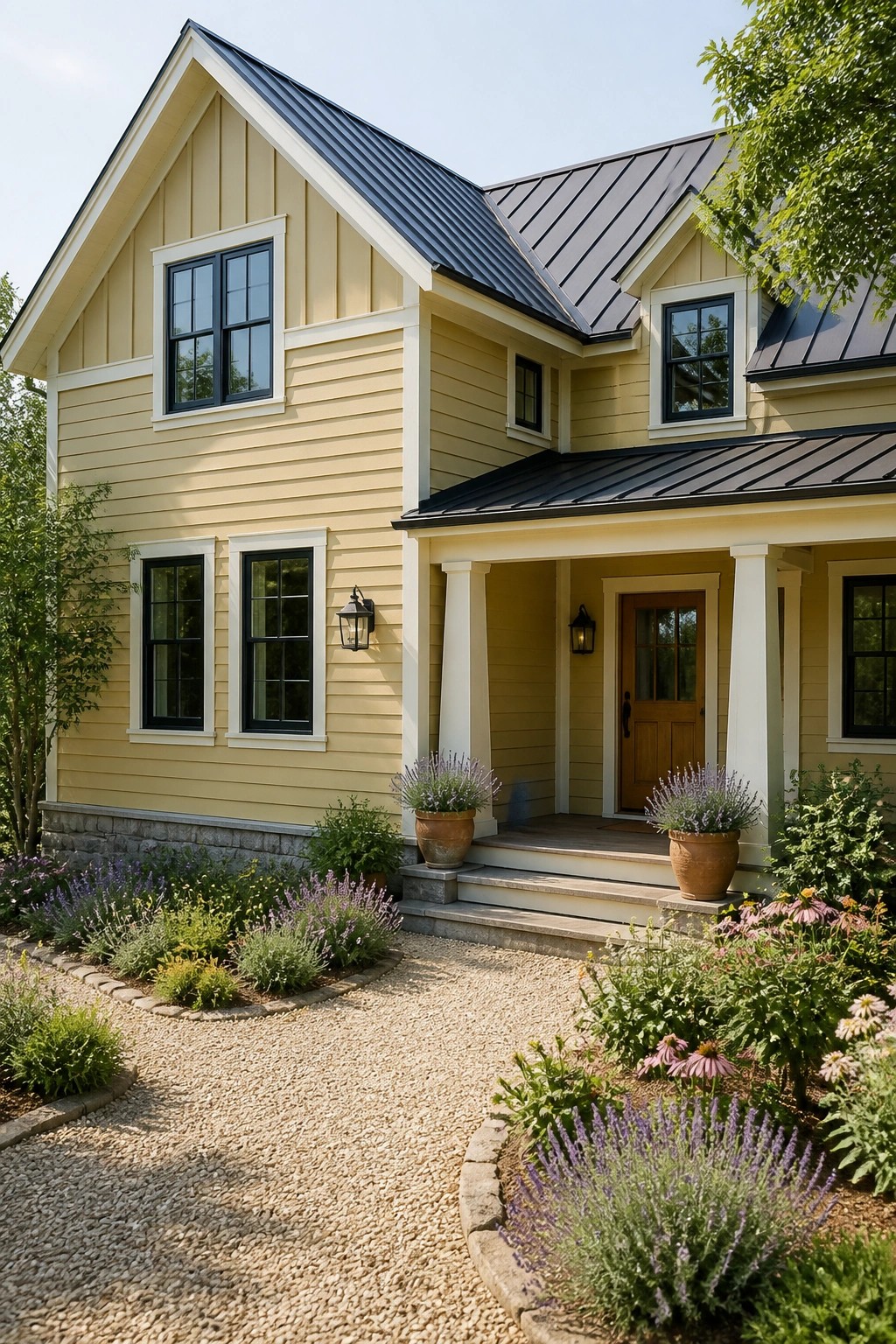 Pale warm beige siding on a two-story farmhouse with white trim and a dark metal roof.