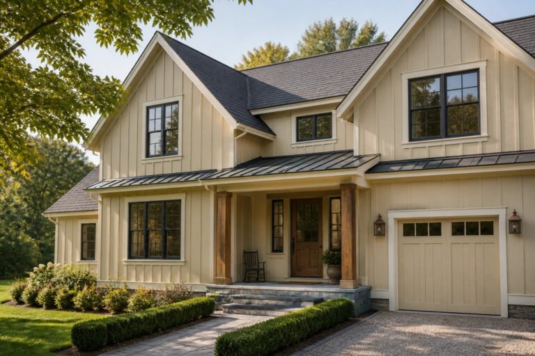 A modern farmhouse exterior painted in a soft warm beige.