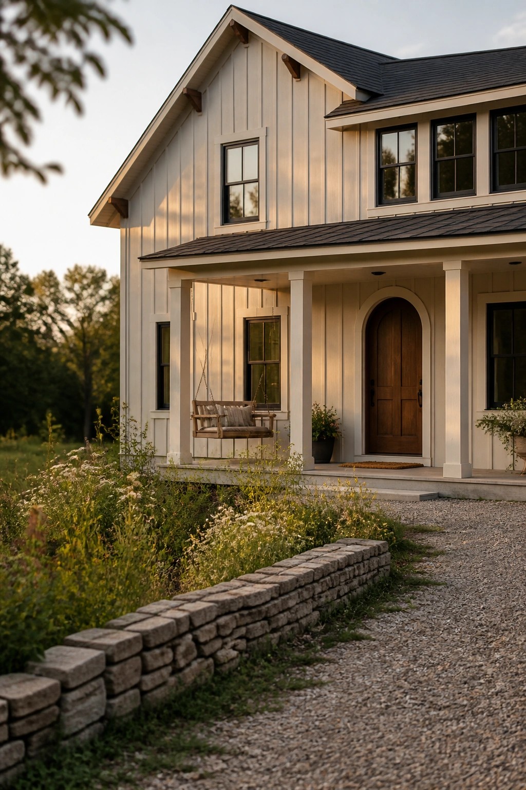 White farmhouse with porch swing, arched wooden door, stone wall, and gravel path.