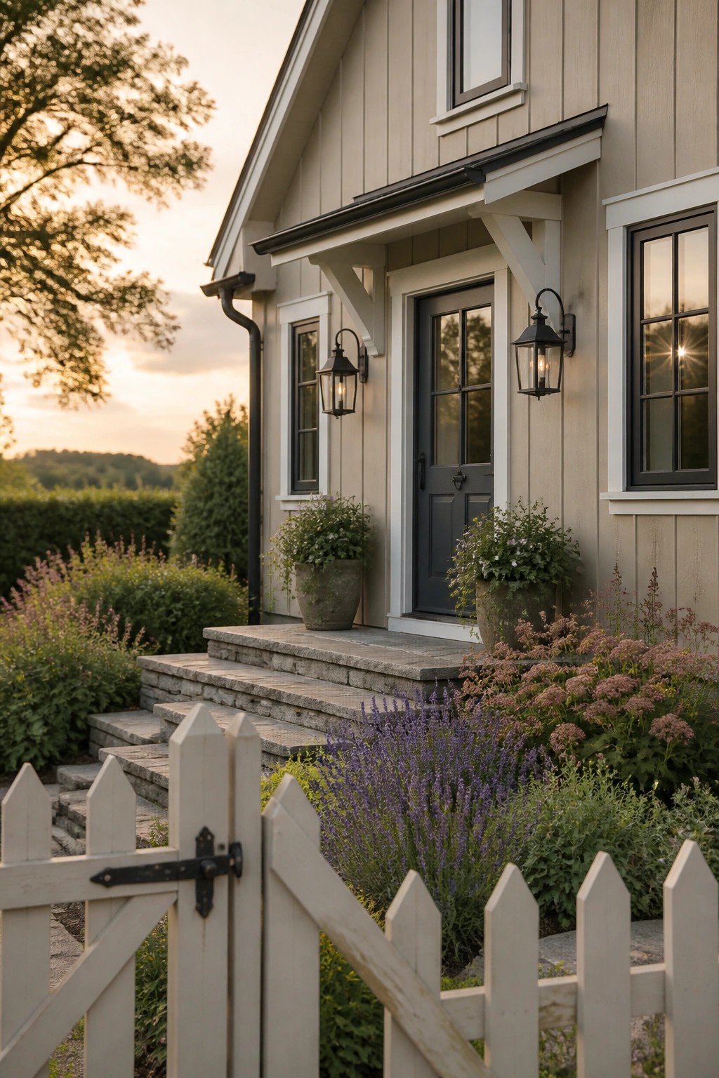 Charming house with dark door, stone steps, potted plants, flowers, and white fence