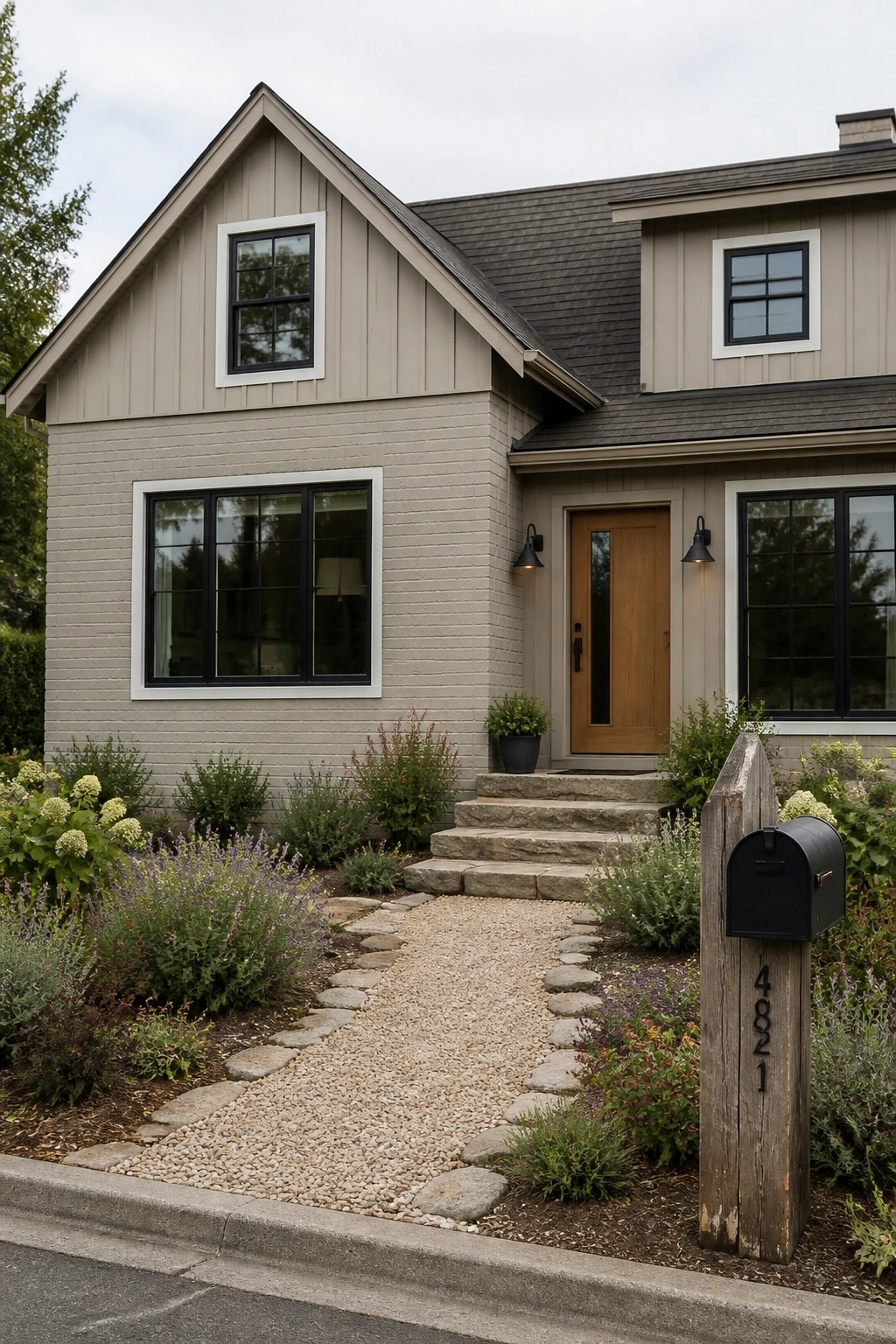 Beige house with wooden door, stone steps, gravel path, and black mailbox.