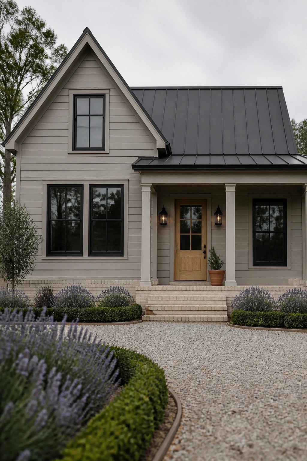 A modern farmhouse exterior with light greige siding and black windows.