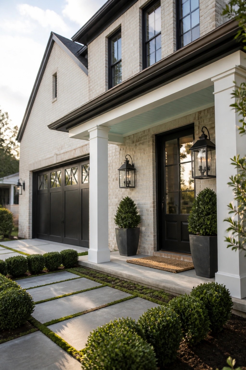 A modern farmhouse exterior featuring light beige brick walls with white trim and dark accents.