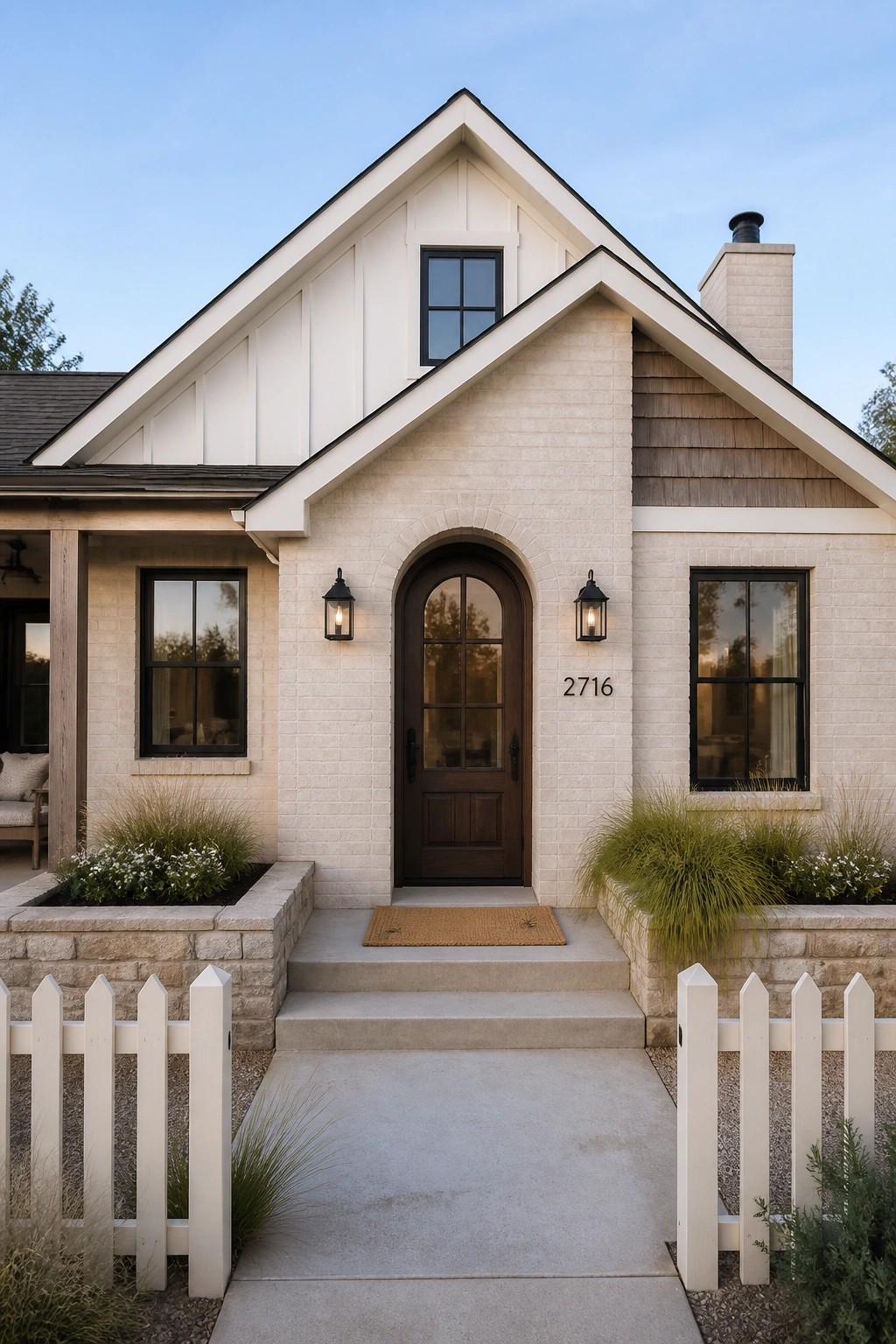 White brick house with arched wooden door, picket fence, and concrete steps