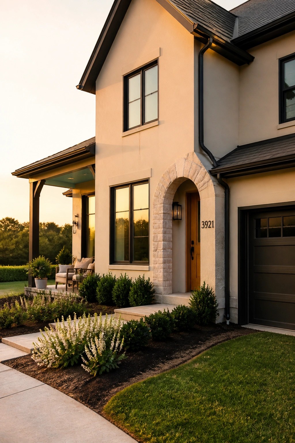 A modern farmhouse exterior with warm beige siding and a stone arch entryway.