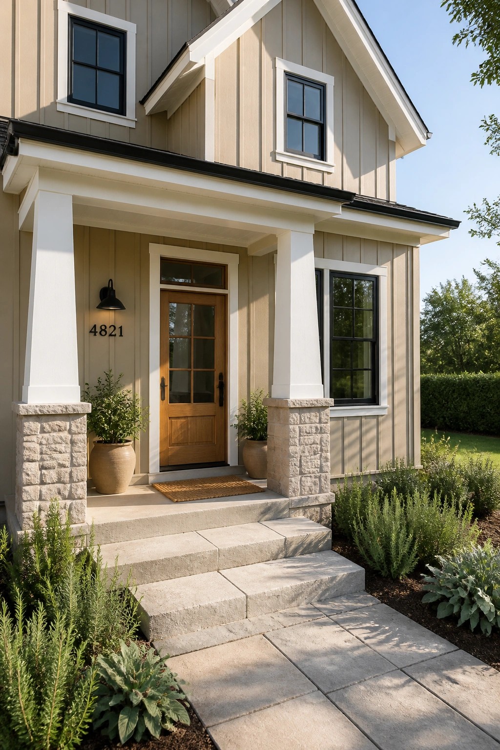 Beige house with covered porch, wooden door, white columns on stone bases.