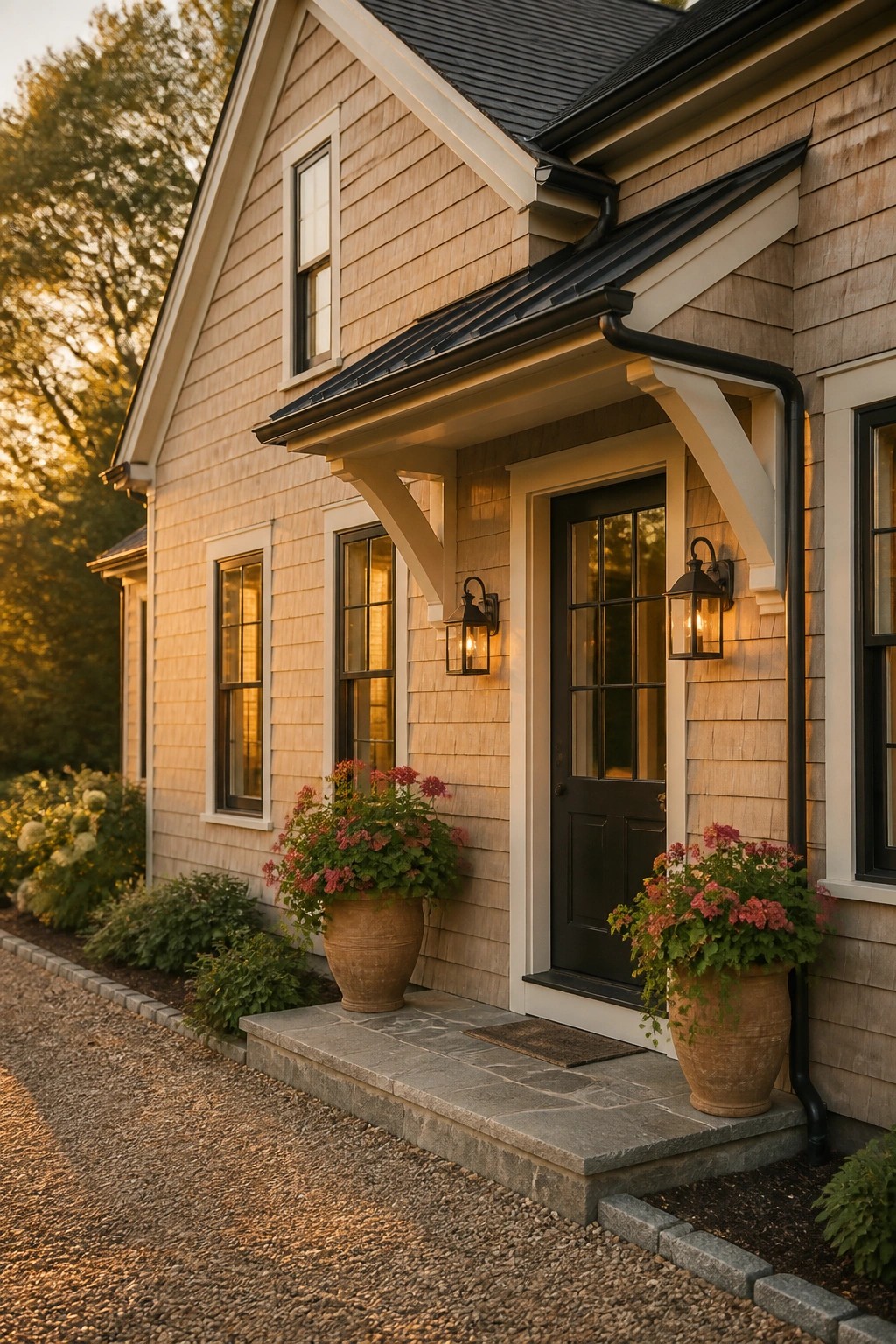 A modern farmhouse exterior with warm beige siding and black accents.