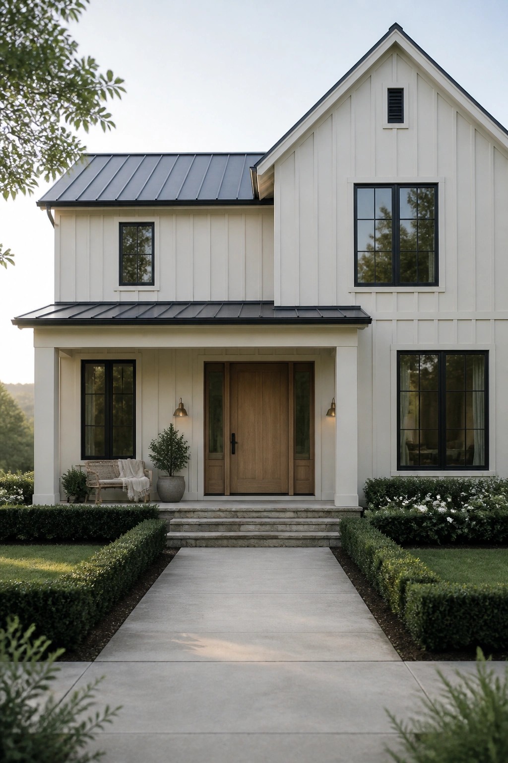Modern white farmhouse with black trim, wooden door, and landscaped walkway