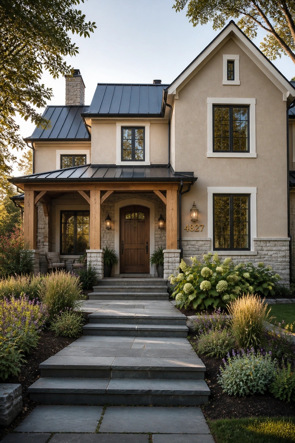 Warm beige siding on a modern farmhouse exterior with stone and wood accents.