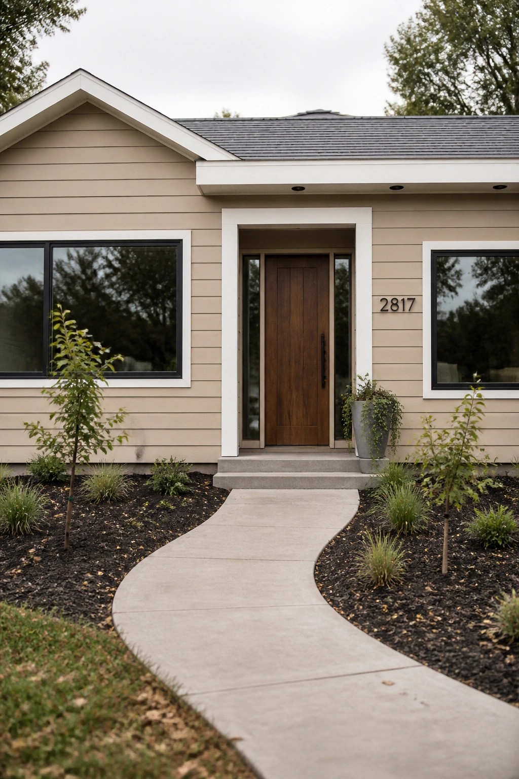 A modern farmhouse exterior with warm beige siding and a curved concrete walkway.