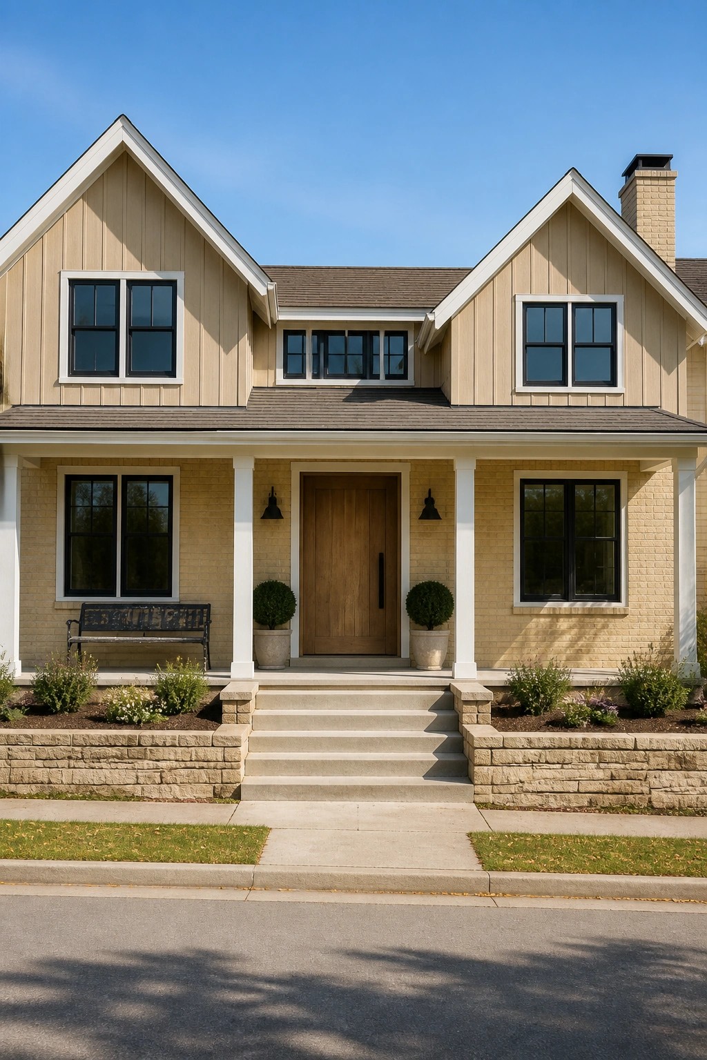 A modern farmhouse exterior with light beige siding and white trim.