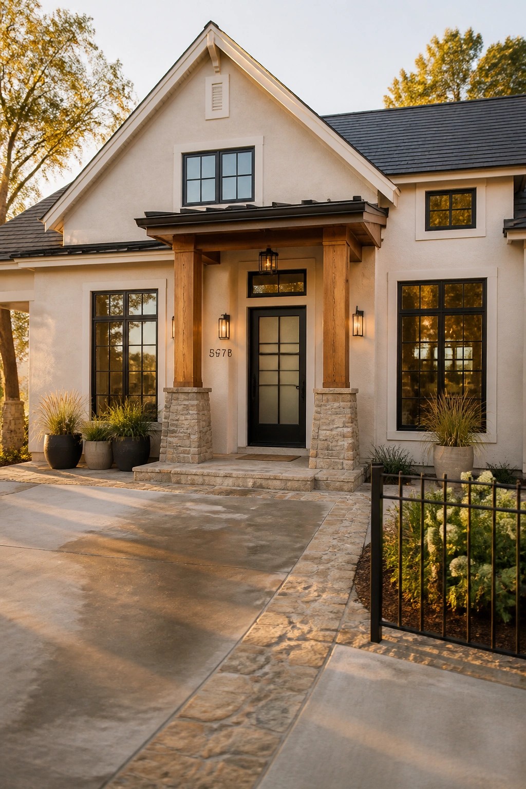 A modern farmhouse exterior painted in warm beige with wood and stone accents.