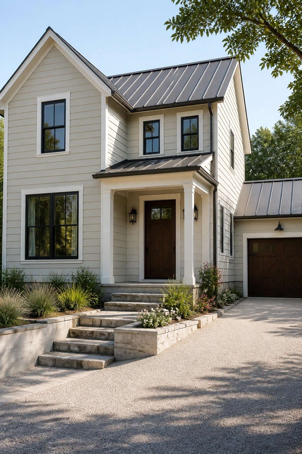 A two-story house with warm beige siding, white trim, and a dark metal roof.
