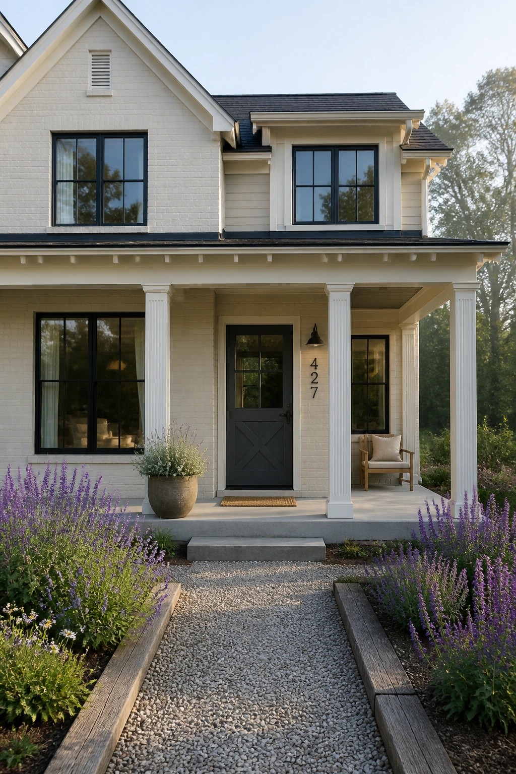 A modern farmhouse exterior painted in a light warm beige with white columns and trim.