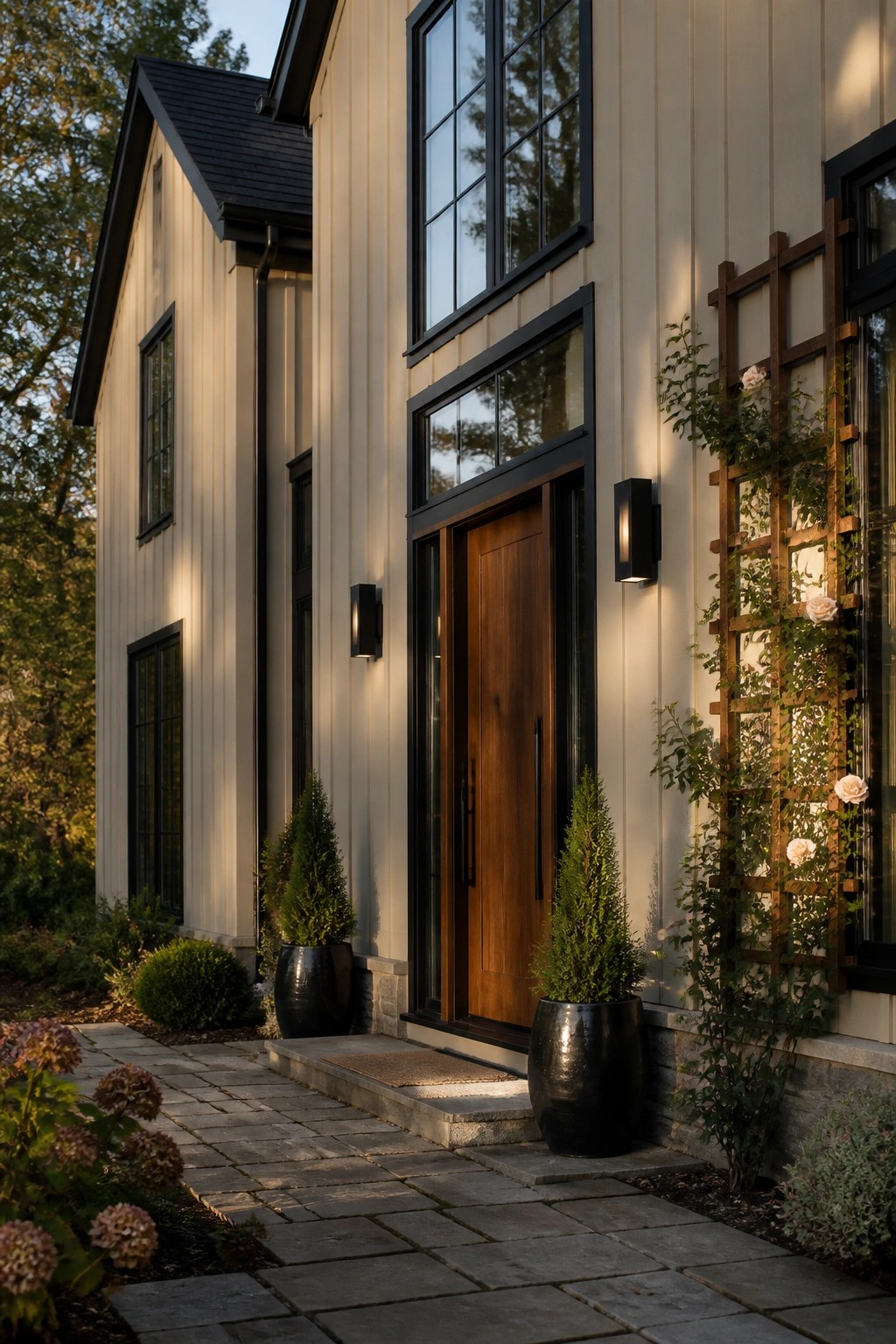 Modern house entrance with wooden door, potted shrubs, stone path, and rose trellis at dusk.