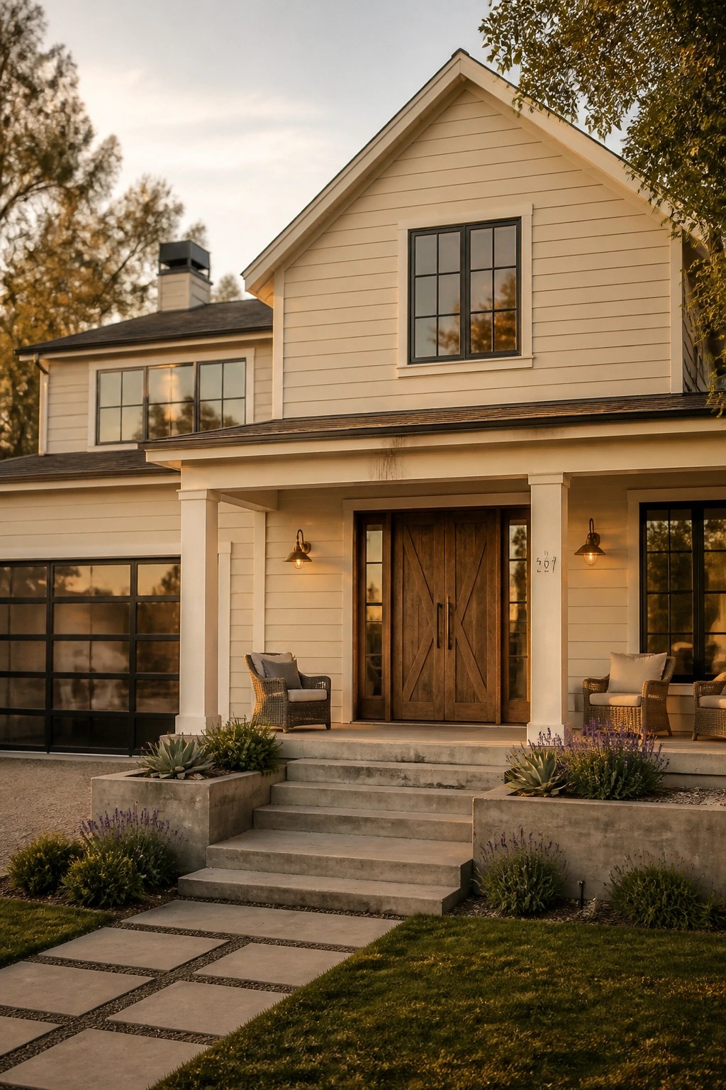 Light beige siding on a modern farmhouse exterior with concrete steps and dark windows.