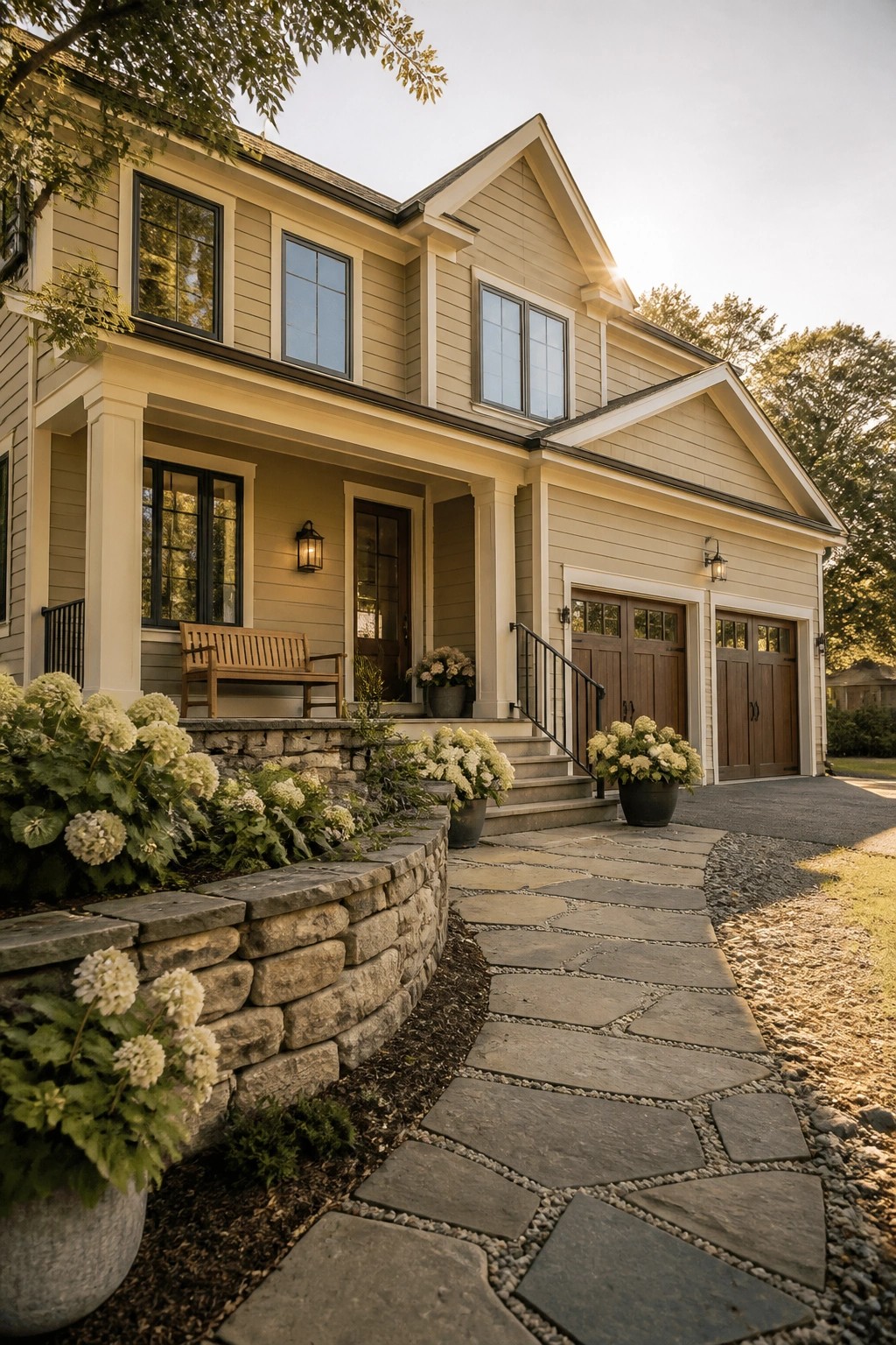 A modern farmhouse exterior with warm beige siding and a stone foundation.