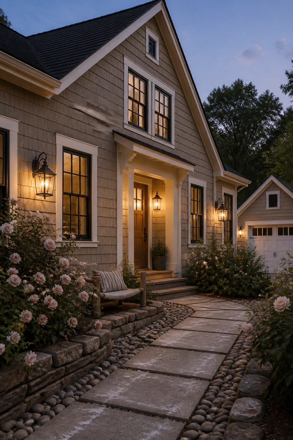 A modern farmhouse exterior with warm greige siding and a stone pathway.