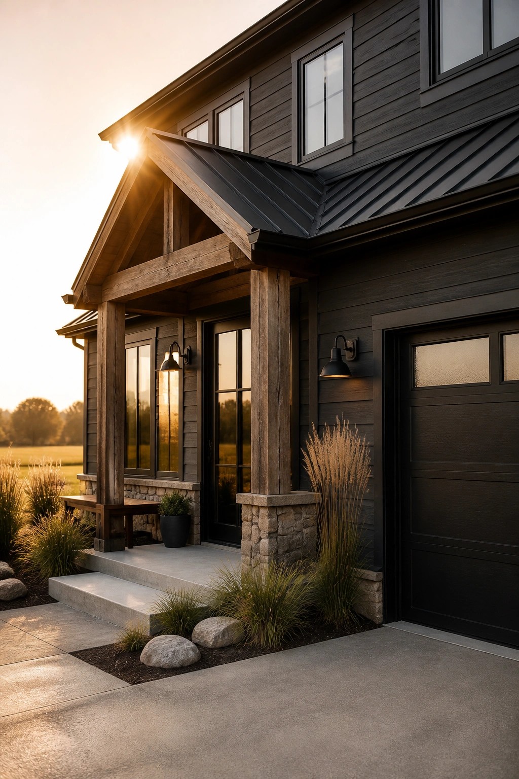 Dark black siding on a modern farmhouse exterior with wood beams and stone accents.
