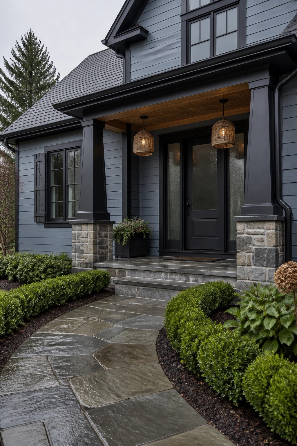 Modern farmhouse exterior with blue gray siding and black trim around the front porch.