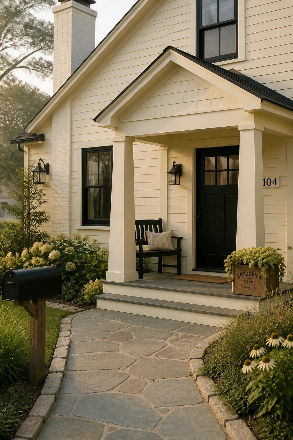 A house exterior with creamy white siding and black trim around the porch.